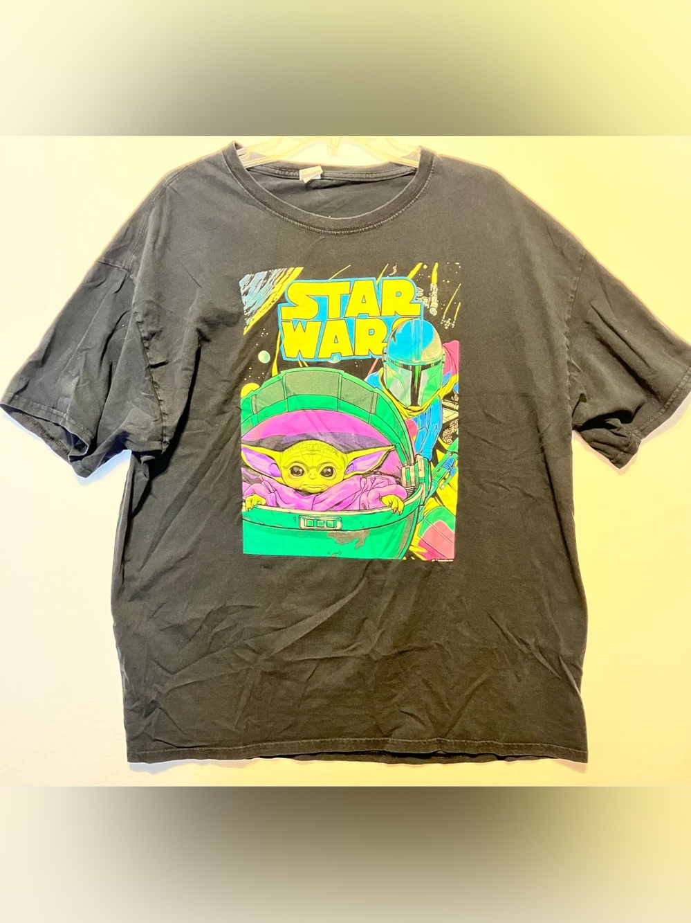 Star Wars Black XL Tee with Neon Grogu and Mandalorian Graphic